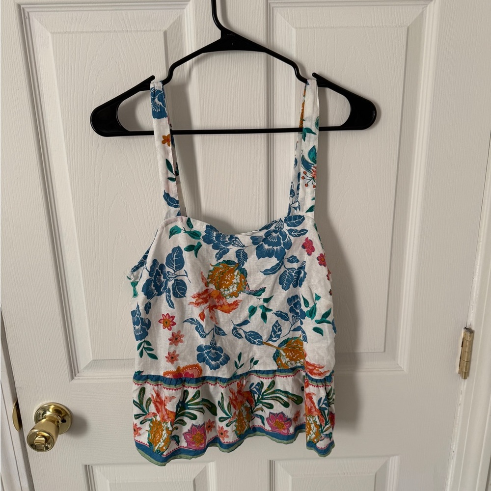 Floral Linen Blend Peplum Tank Top White Blue Orange Large